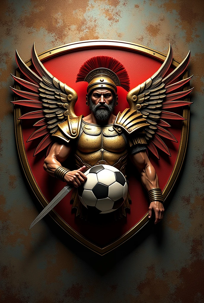 Generate a shield for a soccer team called TROYANOS F.C The shield must have a soccer ball, a trojan warrior, and some wings 
