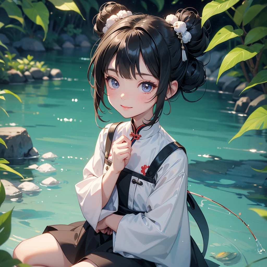 A chibi  girl had a small face and Wearing white little Taoist priest's outfit. A pair of big round eyes shone with curiosity about him. This childso cute! ,her hair is black with two buns on her hair.small chibi, chibi baby, smilThe little chibi boked up with chest raised, and his face was old and proud.

Sitting fishing next to a green stream, a blue river full of fish. flowing slowly