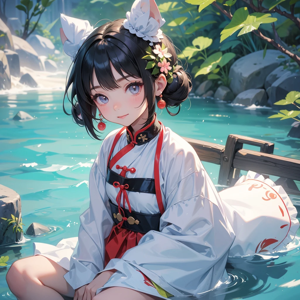 A chibi child girl had a small face and Wearing white little Taoist priest's outfit. A pair of big round eyes shone with curiosity about him. This child was so cute! ,her hair is black with two buns on her hair.small chibi, chibi baby, smiling,The little chibi baby looked up with his chest raised, and his face was old and proud.

Sitting fishing next to a green stream, a blue river full of fish. flowing slowly