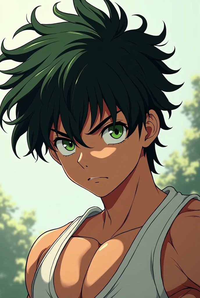 Messy Black hair muscular green eyes ager boy anime