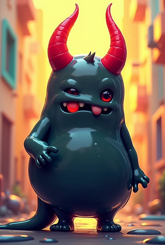 Cartoon character, black slime, red horns, two hands, two legs