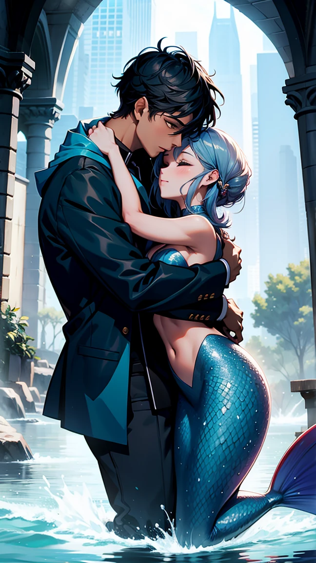 aqua, kingdom hearts, topless, nude, deep cleavage, large breasts, aqua embracing dracula, aqua kissing dracula, male dracula, black hair, pointed teeth, dracula biting aqua's neck