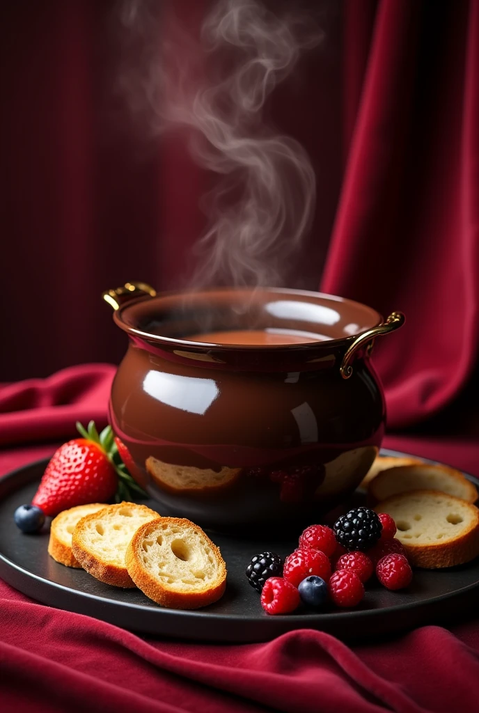 Make an image of a chocolate fondue that generates desires and intuitively place the Carmen Steffens logo visible