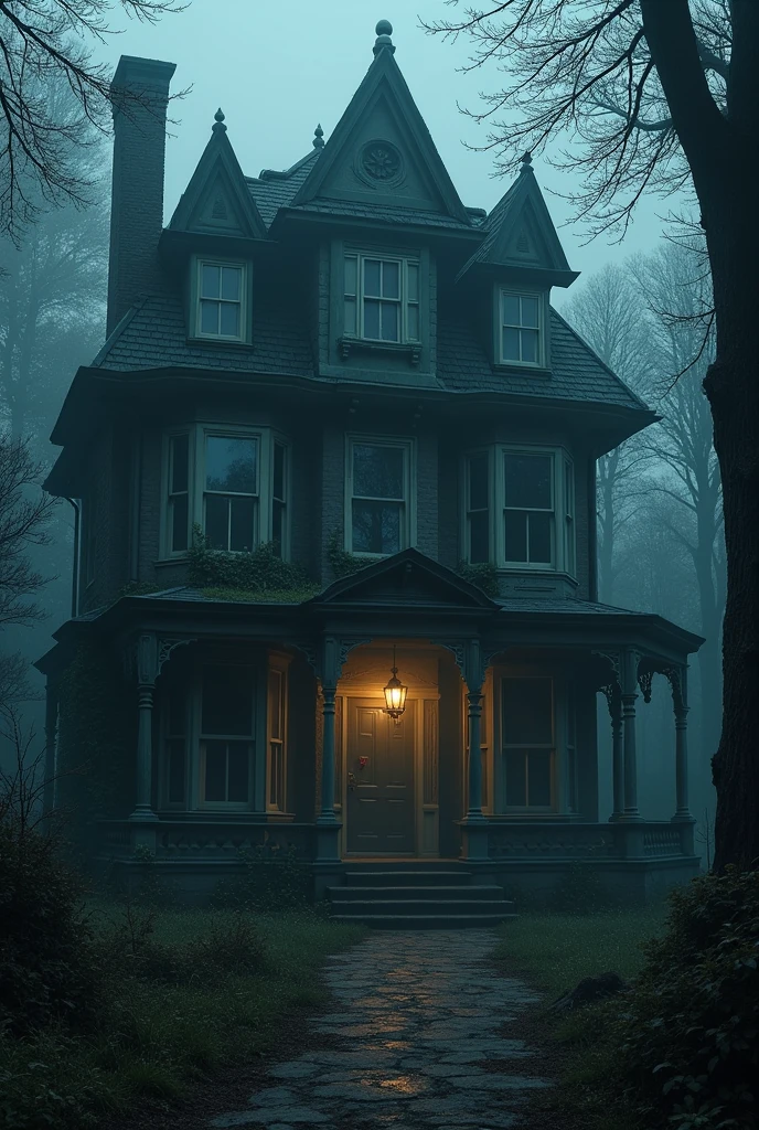 Mysterious Mansion Entrance**: "An old, decrepit mansion surrounded by thick fog and dense forest. The front door is slightly ajar, revealing darkness within. The walls are covered in ivy, and a broken lantern hangs above the entrance, barely illuminating the scene."