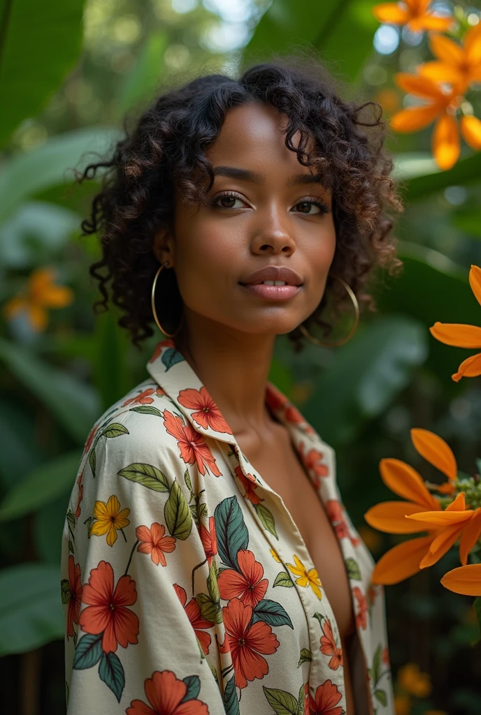 A Brazilian woman in a lush tropical garden, wearing an open shirt with a floral print, with a close-up capturing the harmonious beauty between her breasts and the natural flowers, showing off your natural charm and outgoing personality.