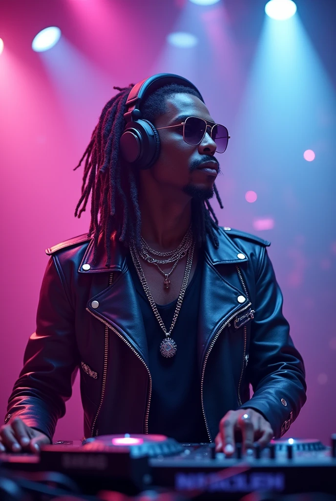 A man playing DJ,sunglasses,headphone,Surrounded by equipment,Black,Dreadlocks,(((live house))),(((Dazzling Spotlight))),On stage,chromatic aberration, depth of field,Punk Fashion,Leather material,silver accessories, ((masterpiece, Highest quality, Highly detailed CG, unity 8k wallpaper )),(masterpiece, Highest quality, Highest quality, Official Art, beautiful),Very vivid,High-precision images,Ultra-high resolution,Great art,Poster Art,Impressive photos,Colorful highlights