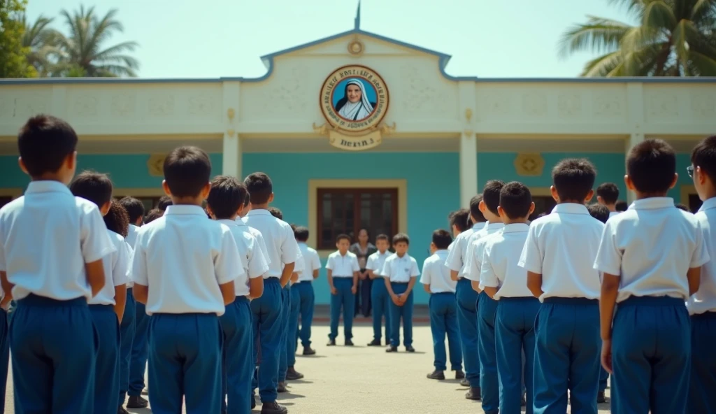 School
Students are standing in the gound
morning assembly boys with blue pants and white shirt cinematic image in header school emblem symbolises mother Teresa's image