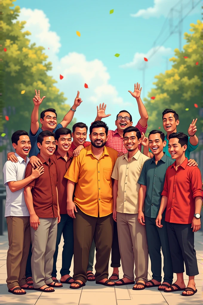 Create a cartoon-style illustration featuring 11 Indonesian men posing together for a group photo. One of the men should be depicted with a larger, more robust body, adding a humorous and friendly touch to the scene. Each character should have distinct Indonesian facial features, traditional or casual clothing, and cheerful expressions. The overall tone should be light-hearted, celebrating diversity and friendship among the group."