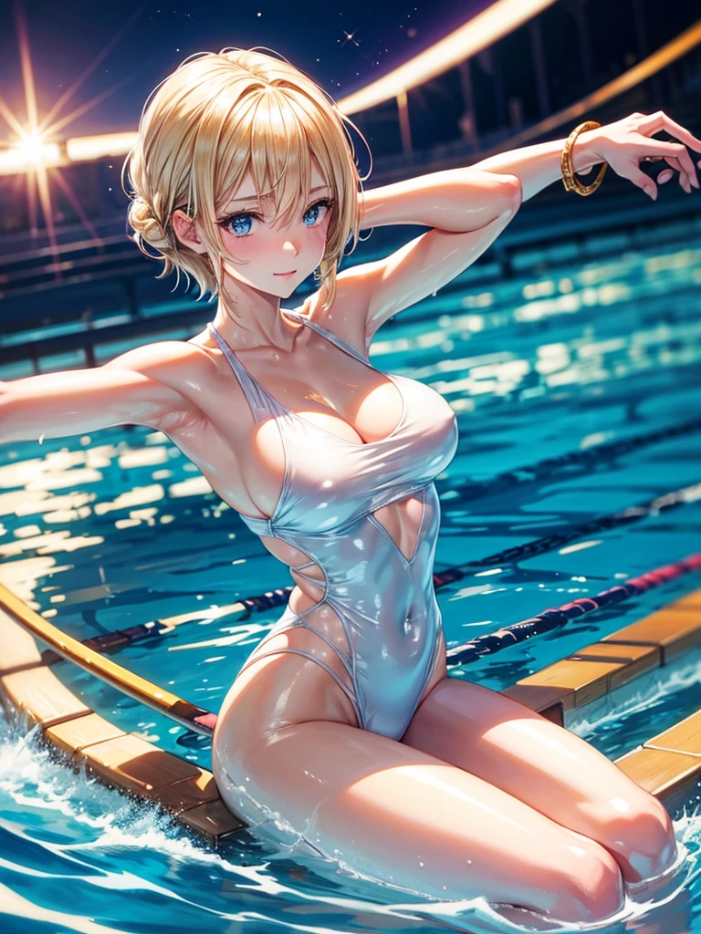 Anime style, super fine illustration, super clear illustration, highly detailed, beautiful detailed, super pale tone image, super delicate illustration, super calm & static image, static representation, gentle expression, 8k, pretty 1girl with blonde straight short hair & blue eyes & a bright smile & Big breasts & nipples & soft fair skin & (shiny skin : 1.6) is wearing the competitive swimsuit in the swimming pool, Olympic, happy stories, solo, perfect fingers, no more fingers, no less fingers, perfect arms, no more arms, no less arms, perfect legs, no more legs, no less legs, no more hair, no more clothes, masterpiece,