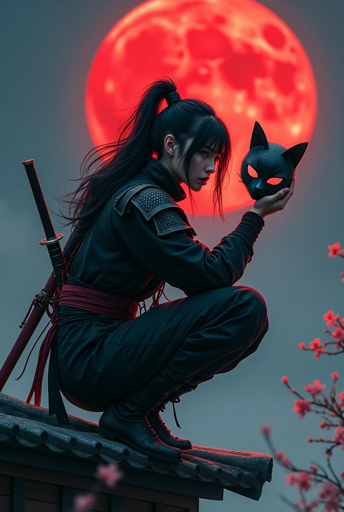 
The action of a 30 year old Indonesian woman, black hair combed back, sitting squatting on the edge of the roof of a Japanese house, holding a white

cat-shaped mask, wearing a ninja costume, there is a blood stain effect on the costume. wearing iron armor complete with a large rope tied around his waist, long black trousers and tabi, there is a samurai sword placed on his back. his gaze is very sharp, the night atmosphere with the background of a large, bright red full moon adds to the drama of his narrative. atmosphere, flowers and cherry trees at night, hair blowing in the wind, cold, realistic details of a cold night scene realistic details of a cold night scene in a Japanese city