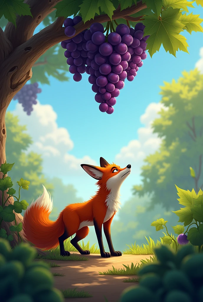 The mouth of the fox was watering when it saw the bunch of grapes of tree