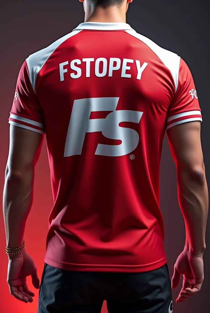 Creat a esports jersey with FS LOGO BACK SIDE OF JERSEY AND PLAYER NAME FSTOPEY IN UPPER BACK IN RED AND WHITE COLOR