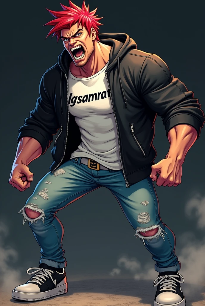 Make a handsome anime in rage and beast mode in jeans and Nike sneakers and black louis vuitton jacket underneath of it a Nike white coloured tshirt with LGSamrat as written and black and white Nike sneakers