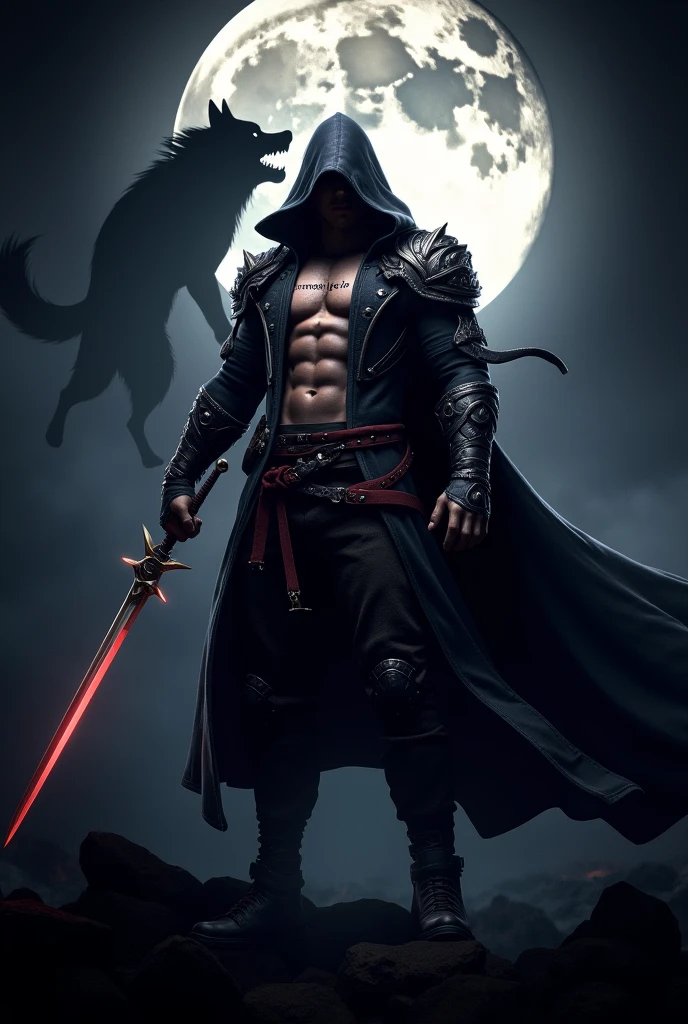 hero SABER Assassin mobile legend 3d
cool look.
sadistic look
handsome look
with the pose as a warrior
reads the text "Mom's Je®o"
back bacround of a full moon with a ferocious wolf
black background screen