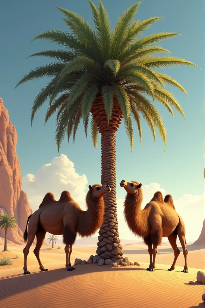 Create a wonderful image of a desert where two camels eating palm tree