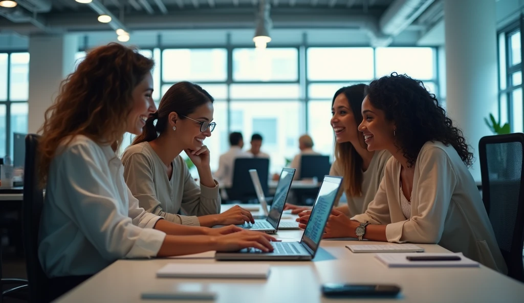 An inspiring scene of a diverse group of women working together in a modern tech office environment. The image should include women of different ethnic backgrounds engaged in activities like coding, brainstorming, and collaborating around a computer. Emphasize a positive and empowering atmosphere with technology-related elements like laptops, screens displaying code, and tech gadgets