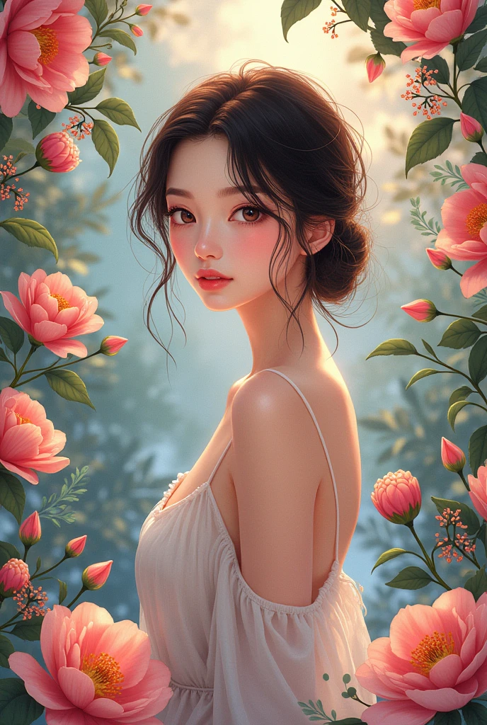 girl and floral, beautiful, stunning, ultra HD, fashion illustration anime