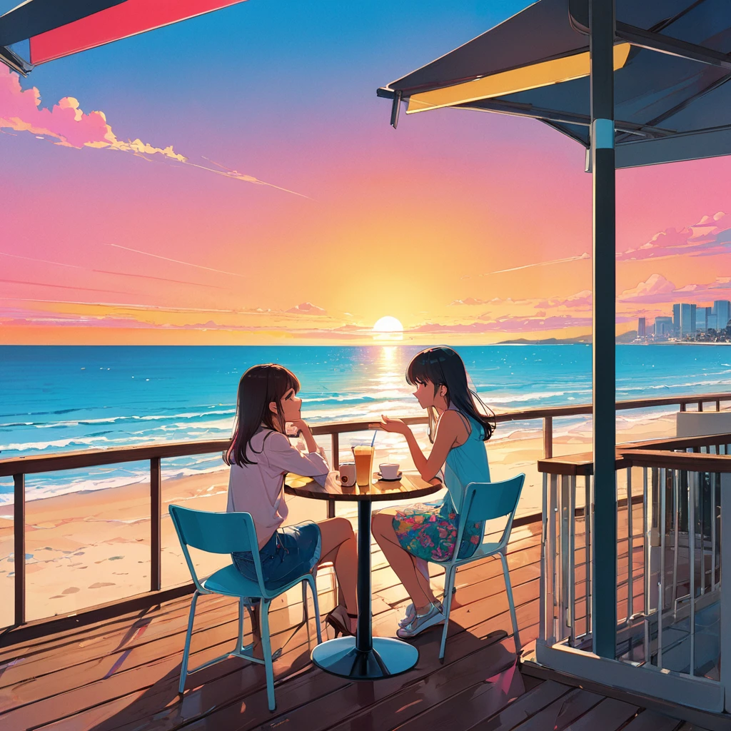 (masterpiece, best quality:1.1),90s record cover art,city-pop,title of the song is "end of summer",end of summer,cafe,wood deck,fashionable 2girl's Profile,joy,seaside,sunset, inspired by Hiroshi Nagai cmyk palette,illustration by Hisashi Eguchi,(white outline),