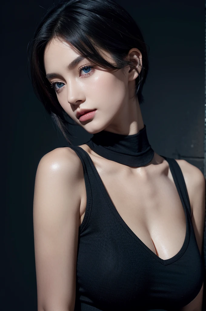 Skin Tight Black Top:1.2, Looking at Viewer, Cinematic lighting, Perfect, softlight, High resolution skin:1.2, Realistic skin texture, Realistic face, off shoulders, Exposed cleavage, Blue eyes, Short hair,