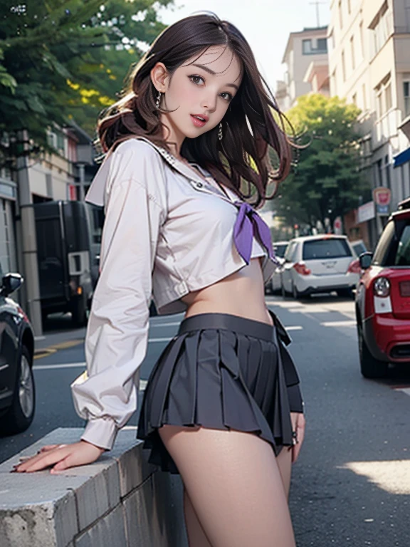 ((((Highest quality))))、(((Ultra-precision CG16K wallpaper)))、(((masterpiece)))、(((Super detailed)))、(((Extreme detail)))、((1Mature 2 woman:1.6))、((Very beautiful Japan face of a person))、((Urizane Face:1.8))、((medium soft wavy hair))、(Shiny Hair)、A delicately drawn beautiful face、(Dark Eyes、Reflected light from the eye)、double eyelid、High nose、Small nostrils、Small Mouth、Seductive lips、Beautiful breasts、((C cup size breasts))、Cleavage、A small vertical belly button、Delicate nails、Beautiful feet、Thin thighs、eight-headed body、Perfect proportions、Perfect Anatomy、Perfect composition、Beautiful detailed shading、Beautiful, natural lighting、Beautiful detail glow、Depth of written boundary、(((High chroma)))、(((Real:1.9)))、((vivid:1.5))、((Beautiful Skin))、((Skin Texture))、((Realistic skin feel))、(((Cowboy Shot:1.6)))、(((front view、shoot from front、front low angle:1.6)))、(((Half-open mouth、Surprised face:1.5)))、(((looking at camera:1.6)))、Bright daylight、Natural light、(((background_Uninhabited downtown、street tree:1.5)))、(Standing pose:1.6)、(((High school girl sailor suit&Light purple low rise pleated mini skirt:1.6)))、((necklace、Wearing earrings:1.5))、((Lace Stockings Clothed))、