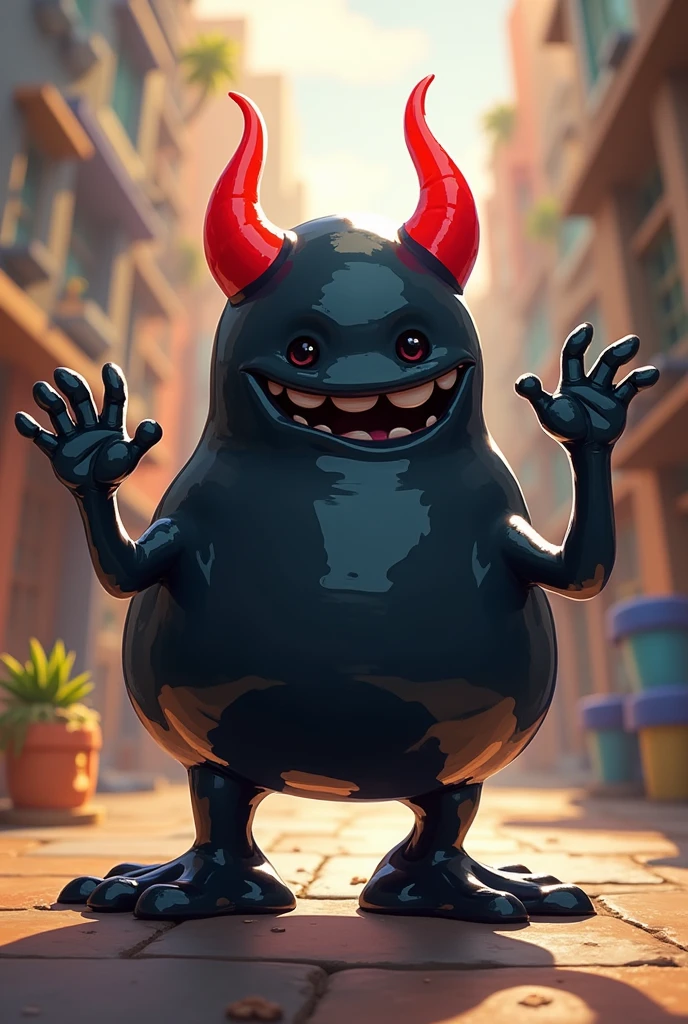 2D cartoon character, black slime, red horns, two hands, two legs.
