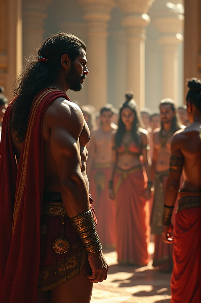 Generate an image of karna from mahabharata spectating draupadi’s cheer haran