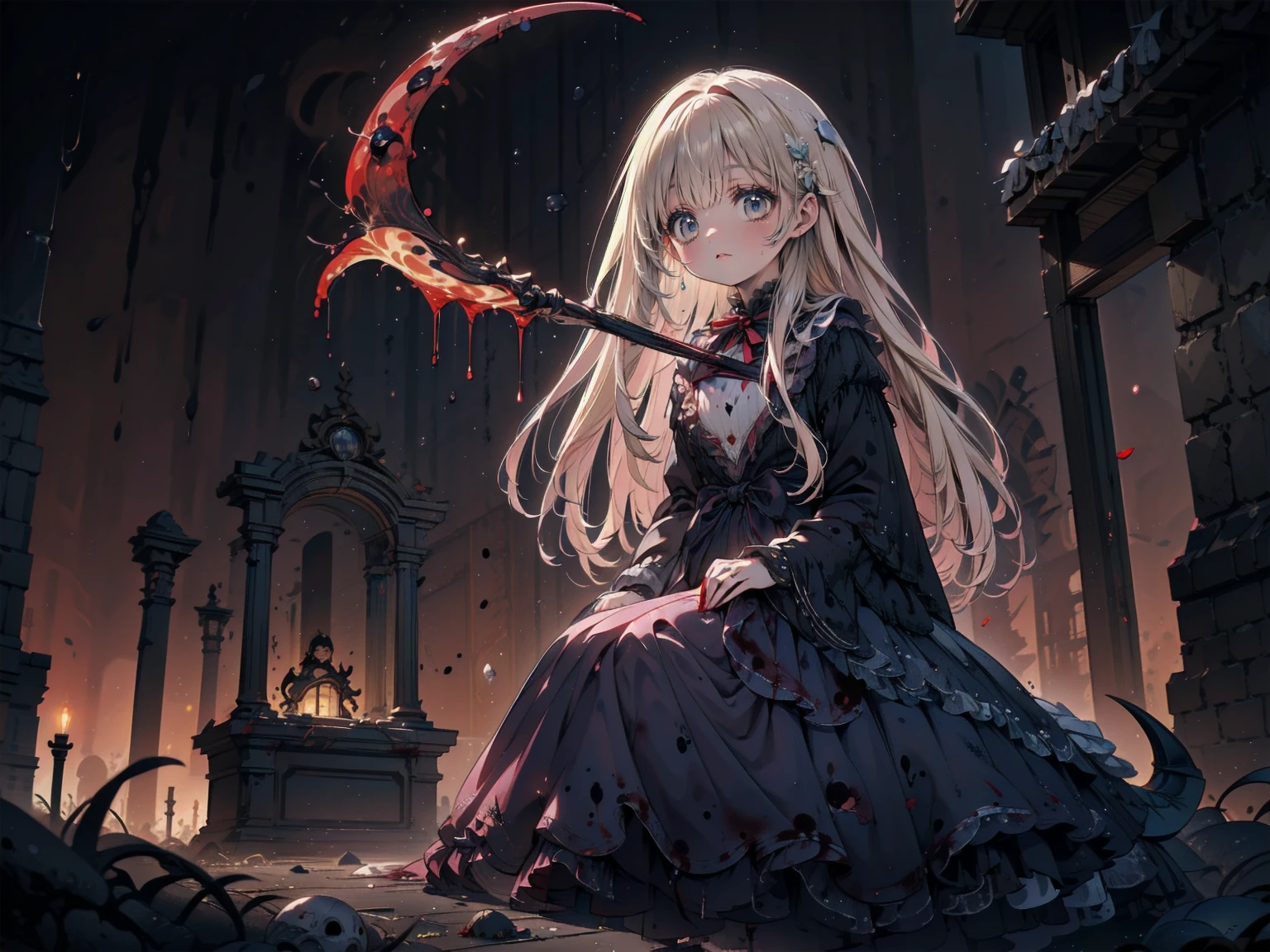 shaded face 、beautiful girl、とてもcute天使、Pink Gothic Fashion、cute、Baby Face、smile、Long skirt、Black long boots、.(Highest quality,4K,High resolution,masterpiece:1.2),Very detailed,Realistic:1.37,Spooky altar background,Dark fantasy,Red color scheme,Ominous atmosphere,Eye-catching,Storytelling,anatomy,Anime Style,Concept Art,beautiful細部までこだわった顔と (((Red eyes ))),A terrifying ritual ,Satanic Ritual,Premature death,inappropriate behavior,クレイジーなsmile,Scythe Face,Girl Monster, beautiful, Delicate facial features, Sharp Eye, Sharp Fangs, pale skin, Dark Background, Cinema Lighting, Dramatic Shadows, Gothic style, Gloomy atmosphere, Dark fantasy, one person's, Please open your mouth wide, Open your mouth and baring your teeth,Sharp teeth like a beast, Wide lips, very wide mouth, Vermilion cheeks, ,(Blood splatter:1.4),Scary smile, smile,Angel Design, Twisted smile、Bloody、bleeding from the head,,,,,、Blood splatter、,(Blood splatter:1.4),skull,Demon Spear,Horror Style, ((Fantasy Sweet Ta Frill Pink Costume)), ((Flowing blonde hair)), ,(Blood splatter:1.4),Female curves, Sexy flat stomach, Perfect hands, Perfect anime face, (Pink Tata Dress)), Are standing, ((邪悪なsmile)), ,(Blood splatter:1.4), Steam circulates, Moonlight Illumination, night lighting, (Blood splatter:1.6),アニメAngel Design, Twisted smile、Bloody、bleeding from the head,,,,,、Blood splatter、,(Blood splatter:1.4), skull,Gothic architecture、Western architecture、Fantasy World、,Victorian cities, Skeleton Gas Light,Absurd, High resolution、 ((Tabletop)), ((Highest quality)), (Very detailedな), ((Very detailed)), (beautiful), ((cute)), (NFSW:1.8), alone,(:1.6)、(world'The most terrifying and creepy demon girl:1.5)beautiful face、Whole Body Ezbian、pale, beautiful肌、beautiful金の髪、優しくsmileむ、Dark building ruins、(snow white'Frill dress:1.3)、(The dark ruins are stained with blood:1.3)、Low angle full body shot、(少女は血の海の中にAre standing:1.5)、(The ground is full of blood:1.3)、(The girl lost a lot of blood....:1.3)、(クレイジーなsmile:1.6)、Spirits、(Blood dripping from the mouth:1.3)、