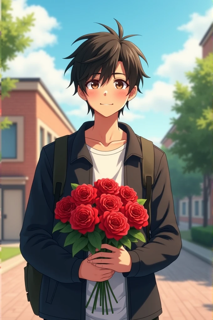 Can you make a man with black hair, brown eyes, having a messy hair, with dimples, 5'4 height and 21 years. Wearing a white shirt and black jacket. Handing a red roses standing at the center of school road. Waiting for his girl