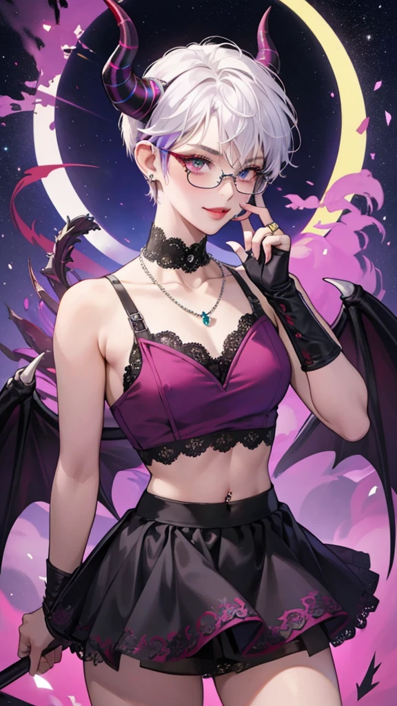 8k, masterpiece, best quality, highly detailed, 1 girl, tiefling, warlock, pixie cut, multicolored hair, very short straight hair red highlight hair on white hair, strippled hair, wearing glasses, round glasses, earrings, navel piercing, red eyeshadow, long eyelashes, blushed cheek, red lips, pearl necklace, rings, collarbone, mole on face, glamorous, teal and purple clothes, sleeveless, miniskirt, smirk, close up view, rings, looking at viewer, demon horns, solo, starry sky, pale blue moon, standing, boxing stance, demonic arms, chains on the background, black lace gloves.