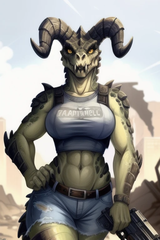 (((Masterpiece))), ((4k)), (best body), Solo, score_9,score_8_up,score_7_up, kemono style, Anthro deathclaw from fallout, Anthro reptile girl, snout, green scaled skin, gold eyes, black lips, black horns, black ram horns, athletic body, smiling, walking in a ruined city, holding a rusty gun, wearing bodyarmor, bulletproof vest, blue jean shorts, 