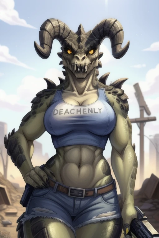 (((Masterpiece))), ((4k)), (best body), Solo, score_9,score_8_up,score_7_up, kemono style, Anthro deathclaw from fallout, Anthro reptile girl, snout, green scaled skin, gold eyes, black lips, black horns, black ram horns, athletic body, smiling, walking in a ruined city, holding a rusty gun, wearing bodyarmor, bulletproof vest, blue jean shorts,