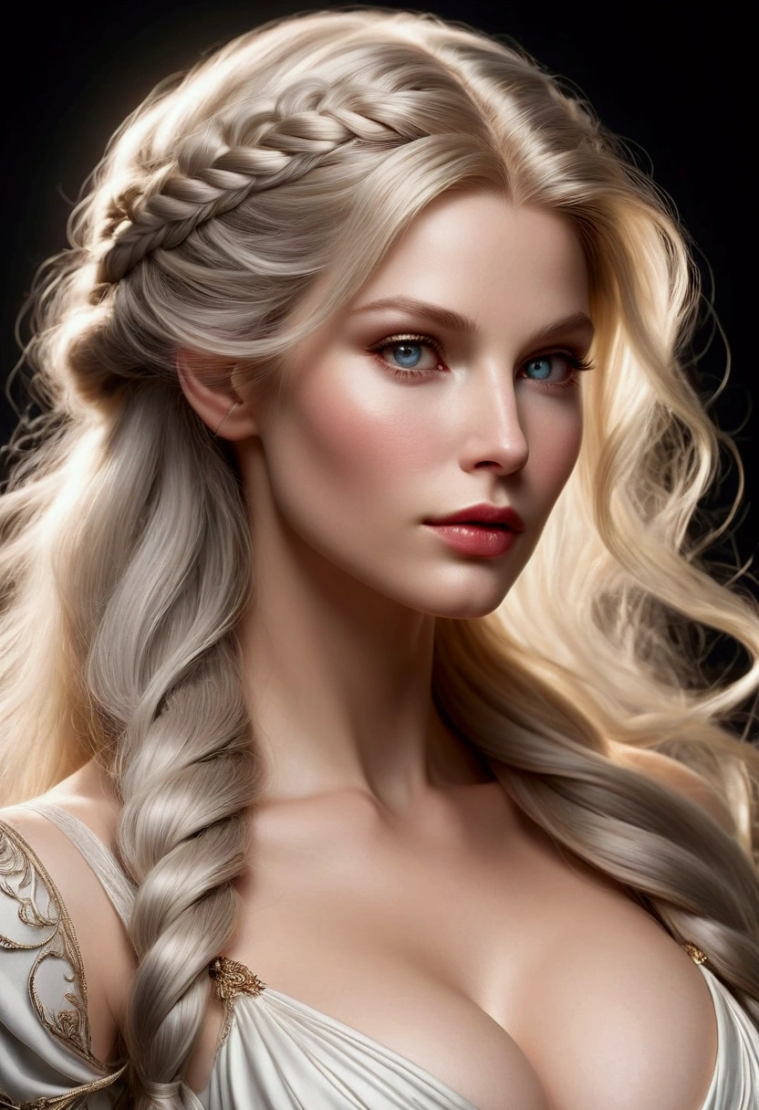 ELVE FEMALE (TOLKIEN) WITH AN HYBRID FACE BETWEEN CLAUDIA SCHIFFER AND GISELE BUNDCHEN , BUST IMAGE STYLE, STUDIO IMAGE STYLE, BLACK INFINITE BACKGROUND, DIFFUSED LIGHTS ON FACE, BACK LIGHTS ON HAIR, LUMINOUS HAIR, CLOSE FACE SHOT, PLATINUM LONG HAIR, HUGE STRAIGHT LONG HAIR, BRAID HAIR STYLE, PLATINUM EYEBROWS, VERY PALE SKIN, LUMINOUS SKIN, FEMALE FAIRY, TOLKIEN MITHOLOGY, EXPOSED TIP EARS, HIGH CHEEKBONES, ROSY CHEEKS, EXPRESSIVE LIGHT GRAY EYES, GORGEOUS LIPS, SOFT LIPSTICK, GORGEOUS CURVY BODY, STRONG BODY, SOFT MUSCLES, VOLUMOUS BREASTS, STRAPLESS CLEAVAGE, WHITE VICTORIAN DRESS, ENIGMATIC FACE EXPRESSION, SIDE FACE VIEW, EYES LOOKING TO THE SIDE, TOLKIEN MITHOLOGY, HIGH QUALITY IMAGE, MASTERPIECE, 8K
