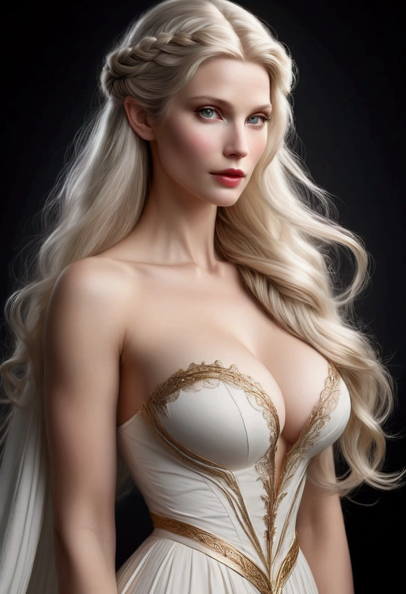 ELVE FEMALE (TOLKIEN) WITH AN HYBRID FACE BETWEEN CLAUDIA SCHIFFER AND GISELE BUNDCHEN , BUST IMAGE STYLE, STUDIO IMAGE STYLE, BLACK INFINITE BACKGROUND, DIFFUSED LIGHTS ON FACE, BACK LIGHTS ON HAIR, LUMINOUS HAIR, CLOSE FACE SHOT, PLATINUM LONG HAIR, HUGE STRAIGHT LONG HAIR, BRAID HAIR STYLE, PLATINUM EYEBROWS, VERY PALE SKIN, LUMINOUS SKIN, FEMALE FAIRY, TOLKIEN MITHOLOGY, EXPOSED TIP EARS, HIGH CHEEKBONES, ROSY CHEEKS, EXPRESSIVE LIGHT GRAY EYES, GORGEOUS LIPS, SOFT LIPSTICK, GORGEOUS CURVY BODY, STRONG BODY, SOFT MUSCLES, VOLUMOUS BREASTS, STRAPLESS CLEAVAGE, WHITE VICTORIAN DRESS, ENIGMATIC FACE EXPRESSION, SIDE FACE VIEW, EYES LOOKING TO THE SIDE, TOLKIEN MITHOLOGY, HIGH QUALITY IMAGE, MASTERPIECE, 8K