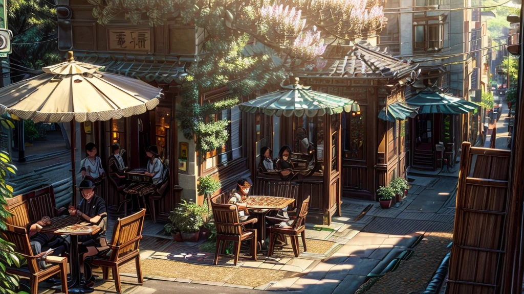 (((Extremely detailed))), 8k, High Detail, ((Coffee Shop: 1.5)),((Street corner: 1.3)),Coffee Shop门前有((Ginkgo tree)), Warm sunlight shines through the leaves onto the round coffee table, ((Parasols)), ((nobody: 1.2)), Head-up