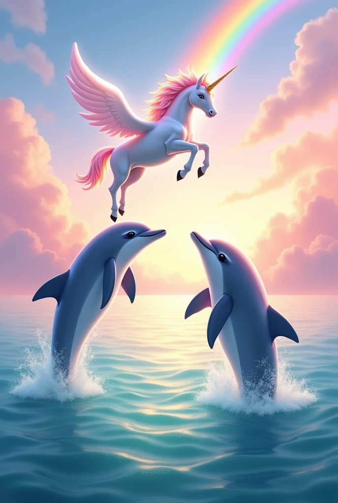 Generates an image of two dolphins surfacing in pastel colors and a unicorn flying with a rainbow in the background 