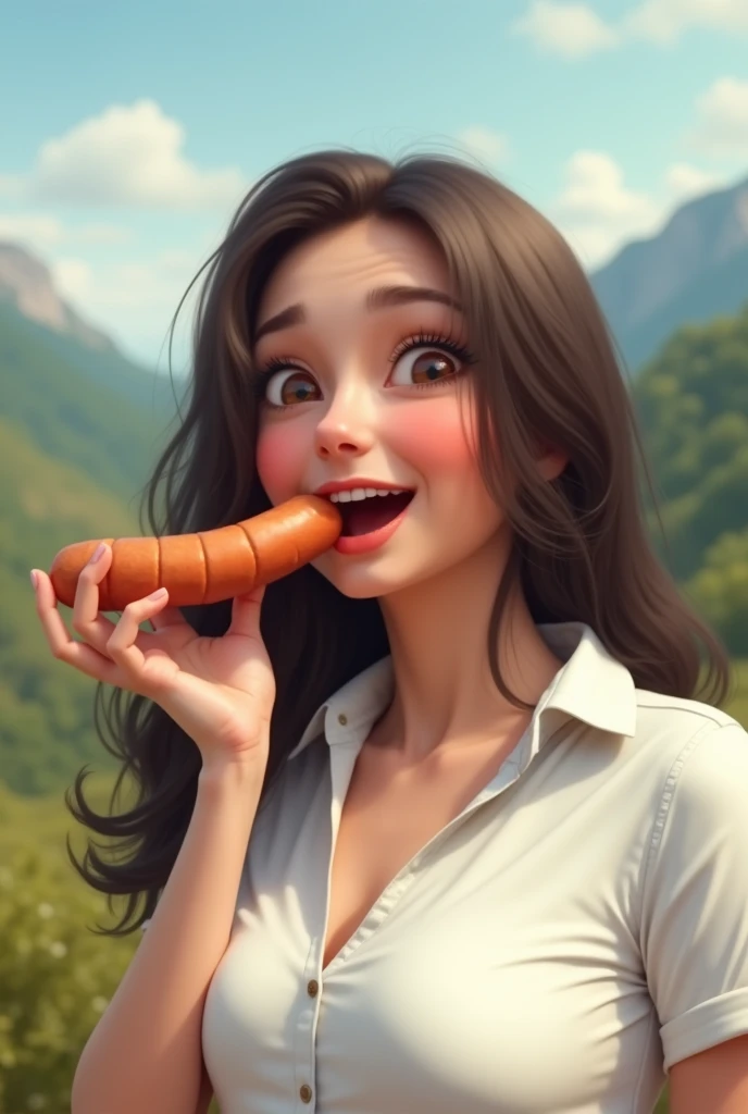 Beauty holding sausage，Kneeling，open open mouth