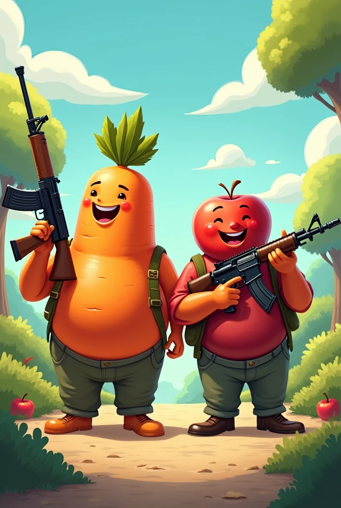 Happy obese carrot boy with an AK 47 next to a happy obese apple boy with a sniper 
