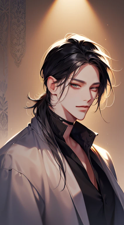 masterpiece, best quality, realistic, 1man, male focus, tall muscular, long wavy black hair, flying bangs, red eyes, handsome, black turtle-neck, portrait,extremely detailed face, white background, simple background, black shirt, black shirt