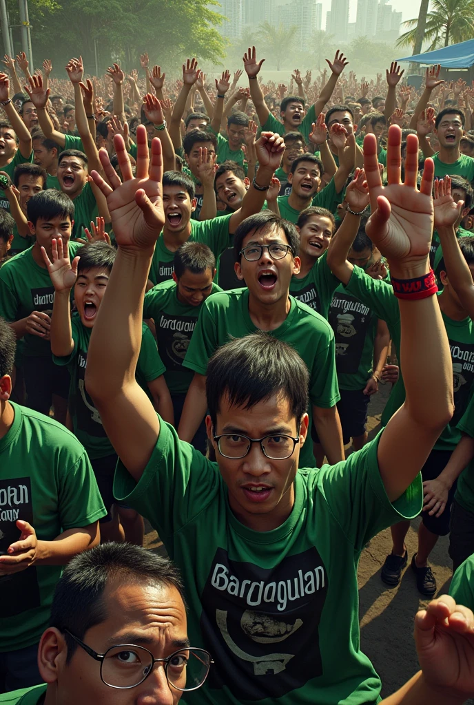 crowd of brainless Philippines people walking and raising hands, with green and black shirt written "bardagulan" . looking drunk and high with narcotics . some are lying the floor, some looking inlove and delusional
