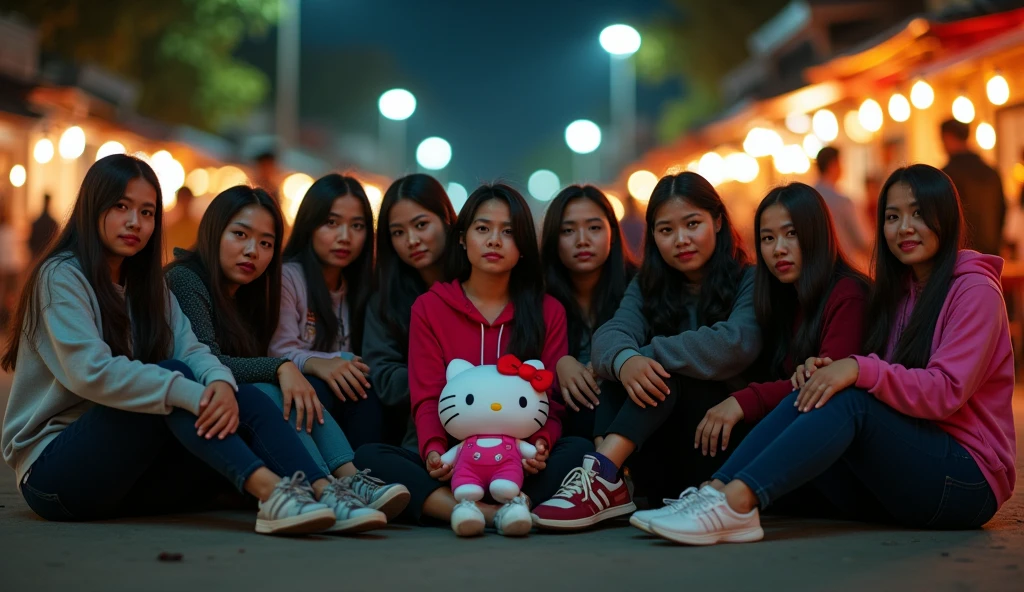 11 beautiful, slightly fat Indonesian adult women, loose hair, big nose, wear a hoodie, long pants, wear sneakers, sit down, all faces facing the front camera, sit down, hand holding a hello kitty doll, in the middle of the village road, dark night atmosphere with lots of beautiful lights, many people behind, curved lens, ultra details, minim diffect, realistic, 8k quality image