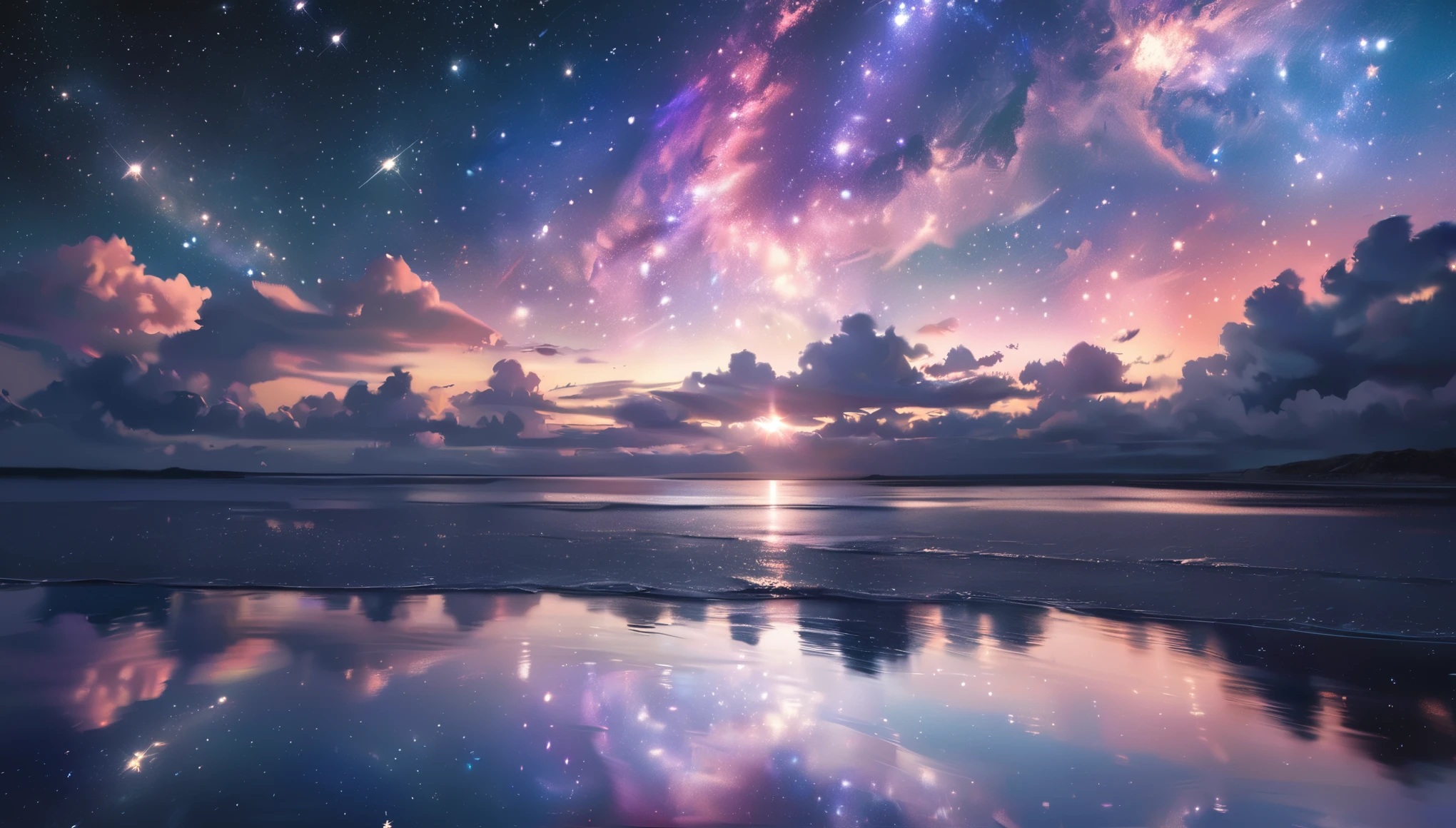 realistic, raw photo, reflective water surface, horizon, nebula, starry, ultra detailed, 8k