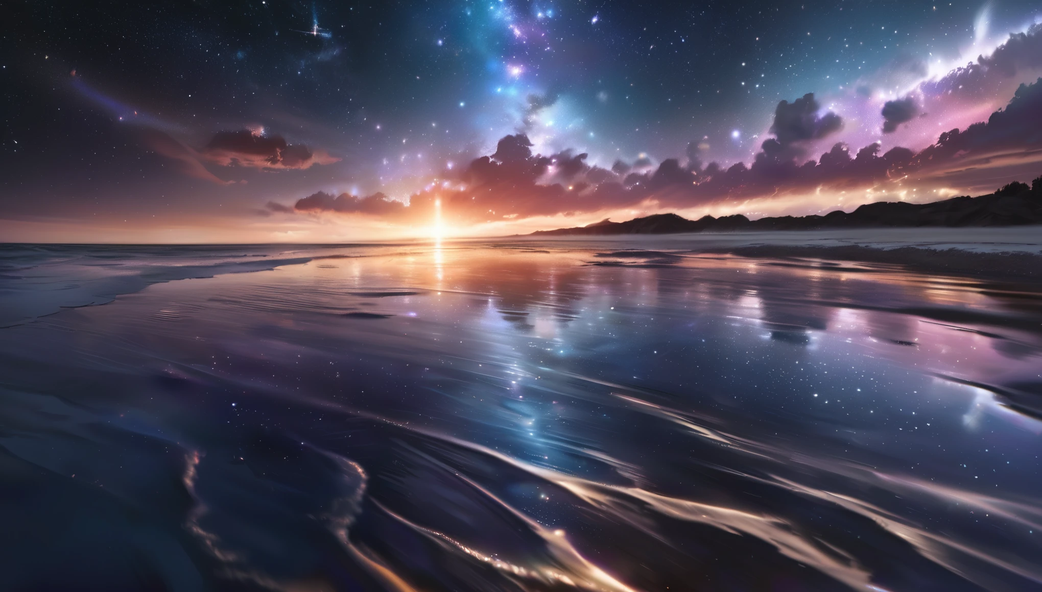 realistic, raw photo, reflective water surface, horizon, nebula, starry, ultra detailed, 8k