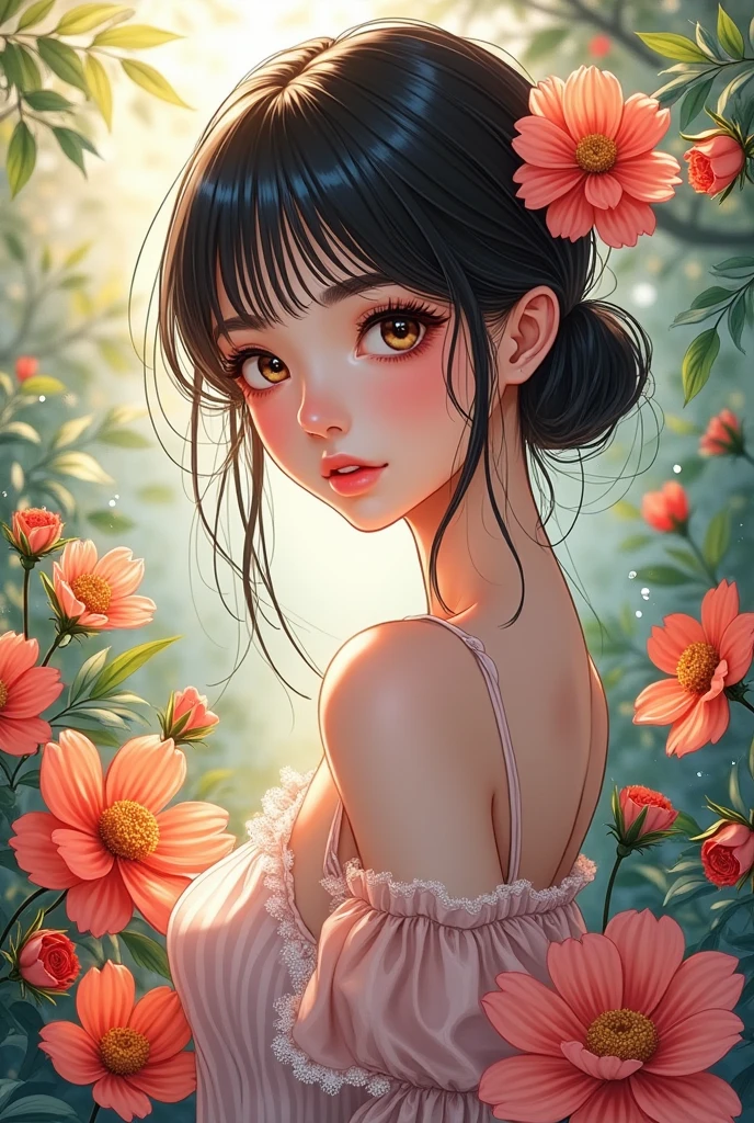 girl and floral, beautiful, stunning, ultra HD, fashion illustration anime