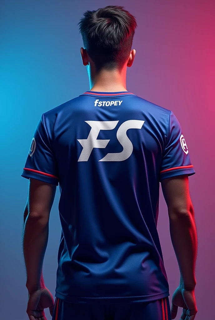 Creat a esports jersey with FS LOGO BACK SIDE OF JERSEY AND PLAYER NAME FSTOPEY IN UPPER BACK IN nein blue AND WHITE COLOR