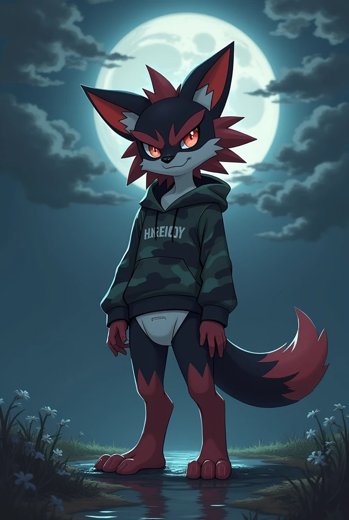 Midnight Lycanrock Femboy In Wet Camo Sweatshirt And Diaper