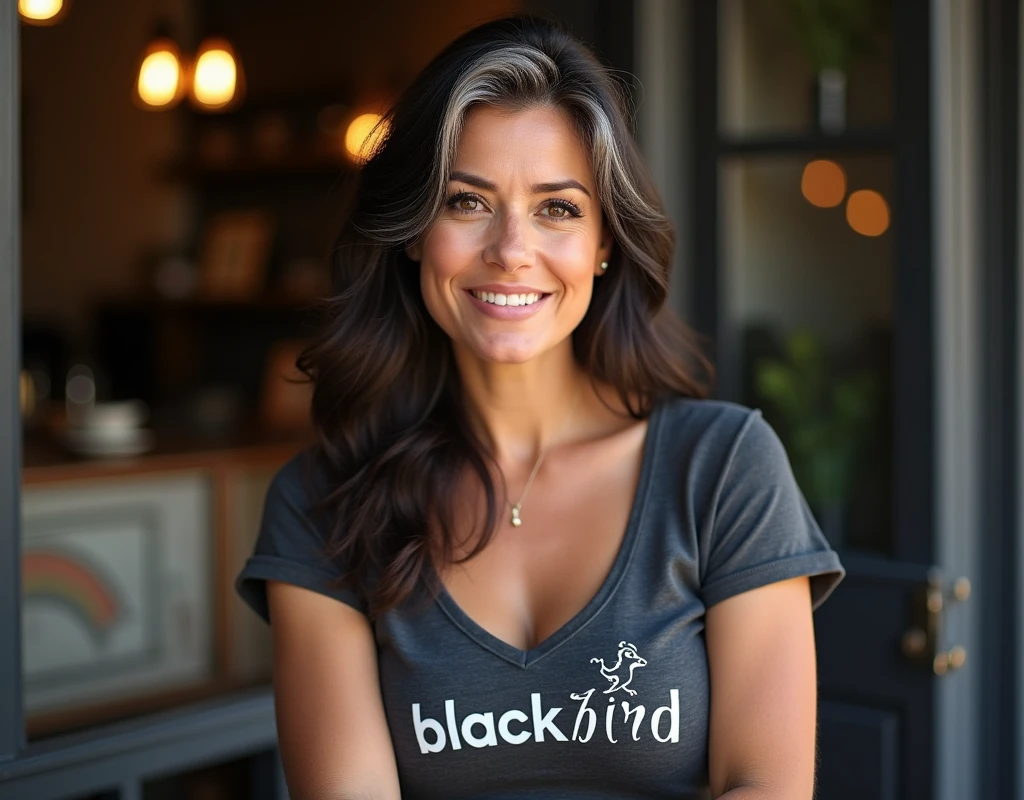 ((A mature woman sits in front of a café)),((cleavage)). 40k, Photography, Masterpiece, Best quality, dark grey background, ((Mature women, Wife, Mom, A MILF)), Perfect face, ((1 girl with brown eyes and gorgeous light black hair)). a Pretty Mexican woman,full soft breasts, 40 years old woman, mom, t-shirt with the text "Blackbird". Ultra-detailed face, Detailed eyes, Embarrassed, Smile, Summer, Daytime, full body, dated, very pretty, some solver hair, nice breast, nice body, full body