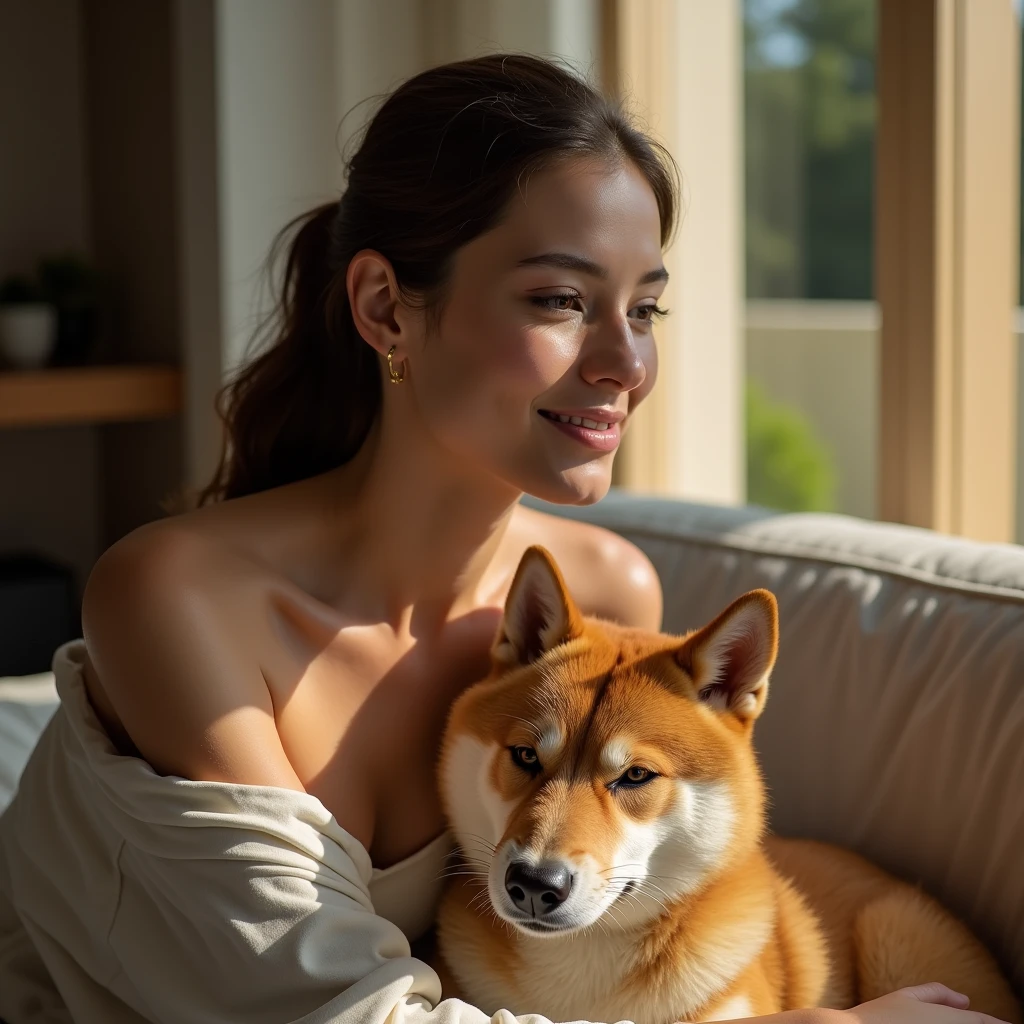 Premium, cozy, and minimalistic image of a sophisticated Brazilian woman, shown from the waist up, sitting on a modern, minimalist sofa in her living room, with her Shiba Inu dog lying contentedly beside her. The living room is elegantly designed with clean lines and neutral tones, in line with the Yomi brand’s commitment to simplicity and sophistication. Soft, golden light from the late afternoon streams in through a large window, casting a warm, inviting glow on the woman and her dog. The image is captured with a medium shot using a Canon EOS R5 and a 50mm f/1.2 lens, focusing on the woman’s upper body and the dog’s head and shoulders. The composition uses a shallow depth of field to subtly blur the background, emphasizing the serene and intimate connection between the subjects. The overall tone is warm, with soft shadows and a luxurious contrast, highlighting the textures of the woman’s clothing and the softness of the dog’s fur, creating an intimate, emotionally resonant visual that embodies the premium, caring identity of Yomi Pet Shop and Care.