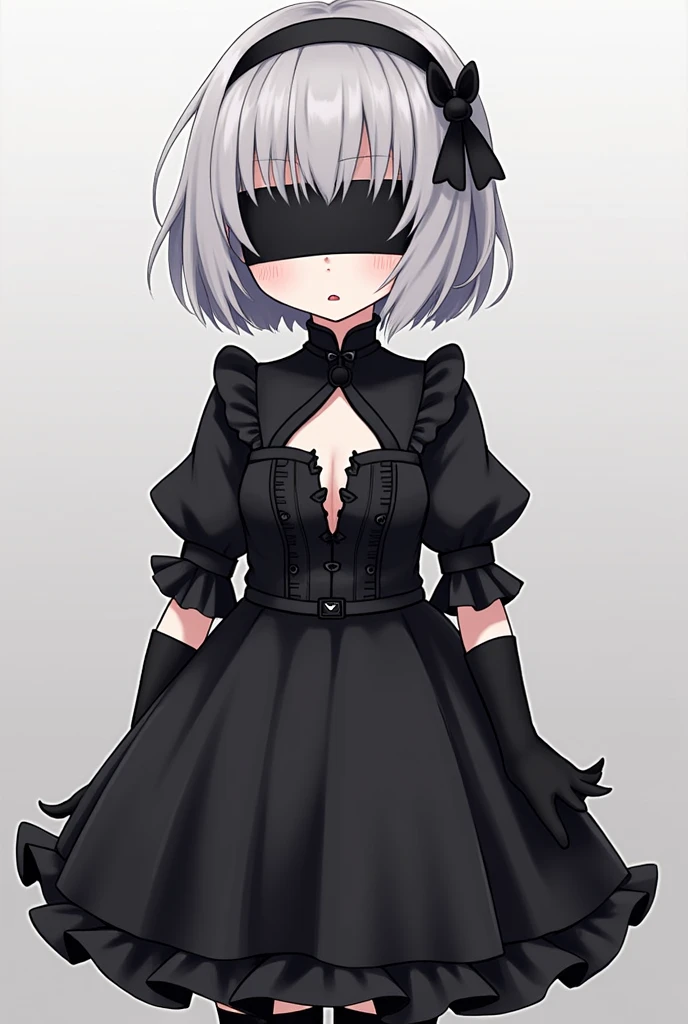 2b, long_sleeves, gloves, dress, cleavage,black_gloves, puffy_sleeves, black_thighhighs, mole, black_dress, clothing_cutout, cleavage_cutout, black_hairband, juliet_sleeves, mole_under_mouth, blindfold, vambraces, covered_eyes, black_blindfold,anime,short_hair,kid