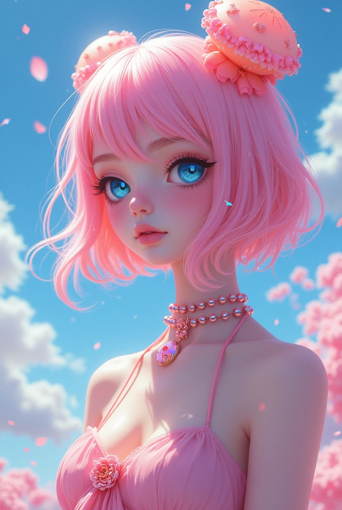 gay. VeryVery beautiful height 174cm. Cotton candy pink hair blue eyes with lush eyelashes jellyfish hairstyle. The figure is feminine, the guy wears clothes in the style of altushka. Femboy cutie anime style