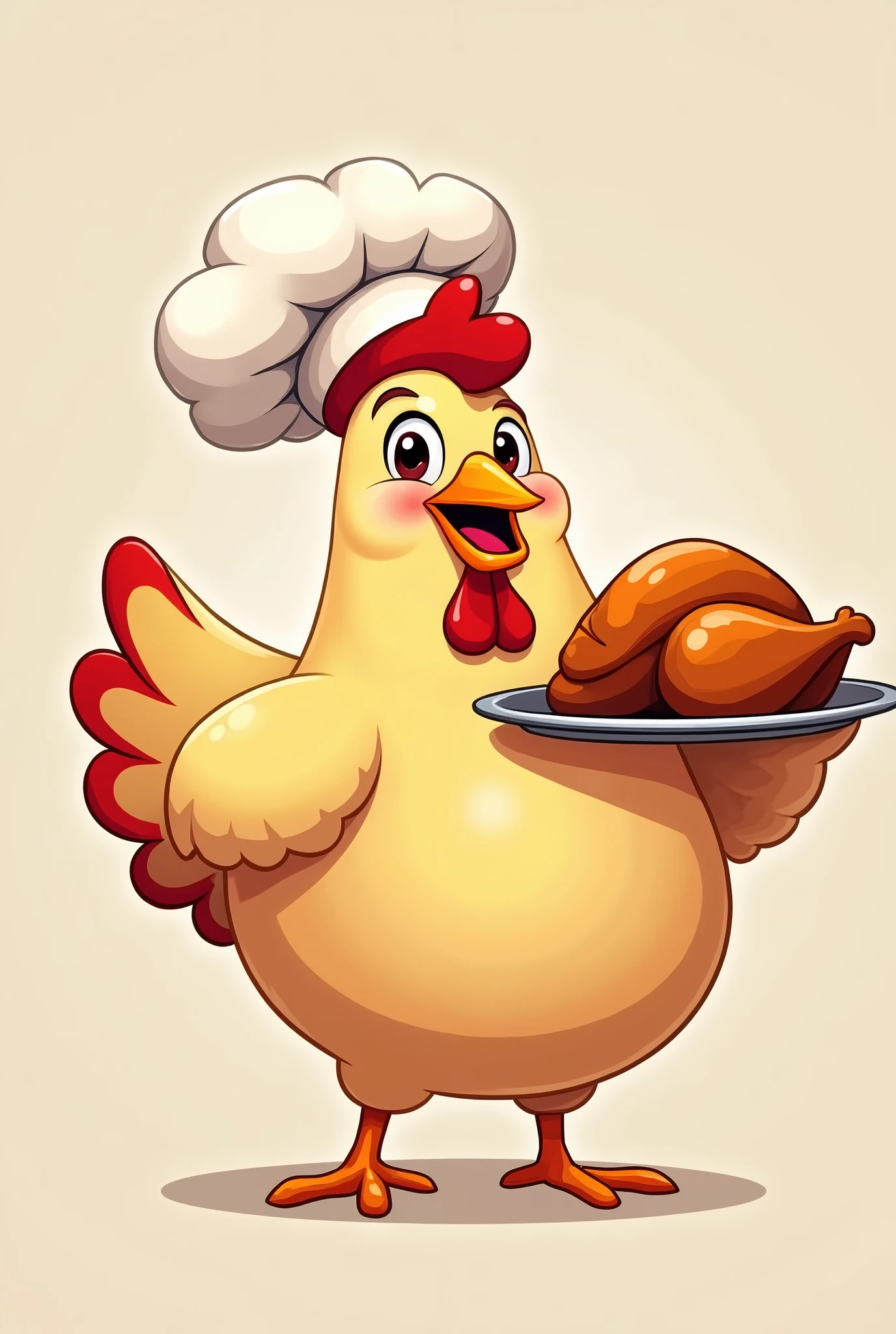 Create a logo mascot for a roast chicken delivery company in Sorriso. The mascot should be a friendly and cheerful chicken wearing a chef&#39;s hat., holding a delicious golden roast chicken on a tray. The chicken must have a welcoming smile, bright eyes and be designed in a way that is both playful and professional, attractive to families and food lovers. The color palette should include warm tones like reds, oranges and yellows, with some white details. O design geral deve ser simples, easily recognizable and suitable for use in packaging, signage and online platforms.